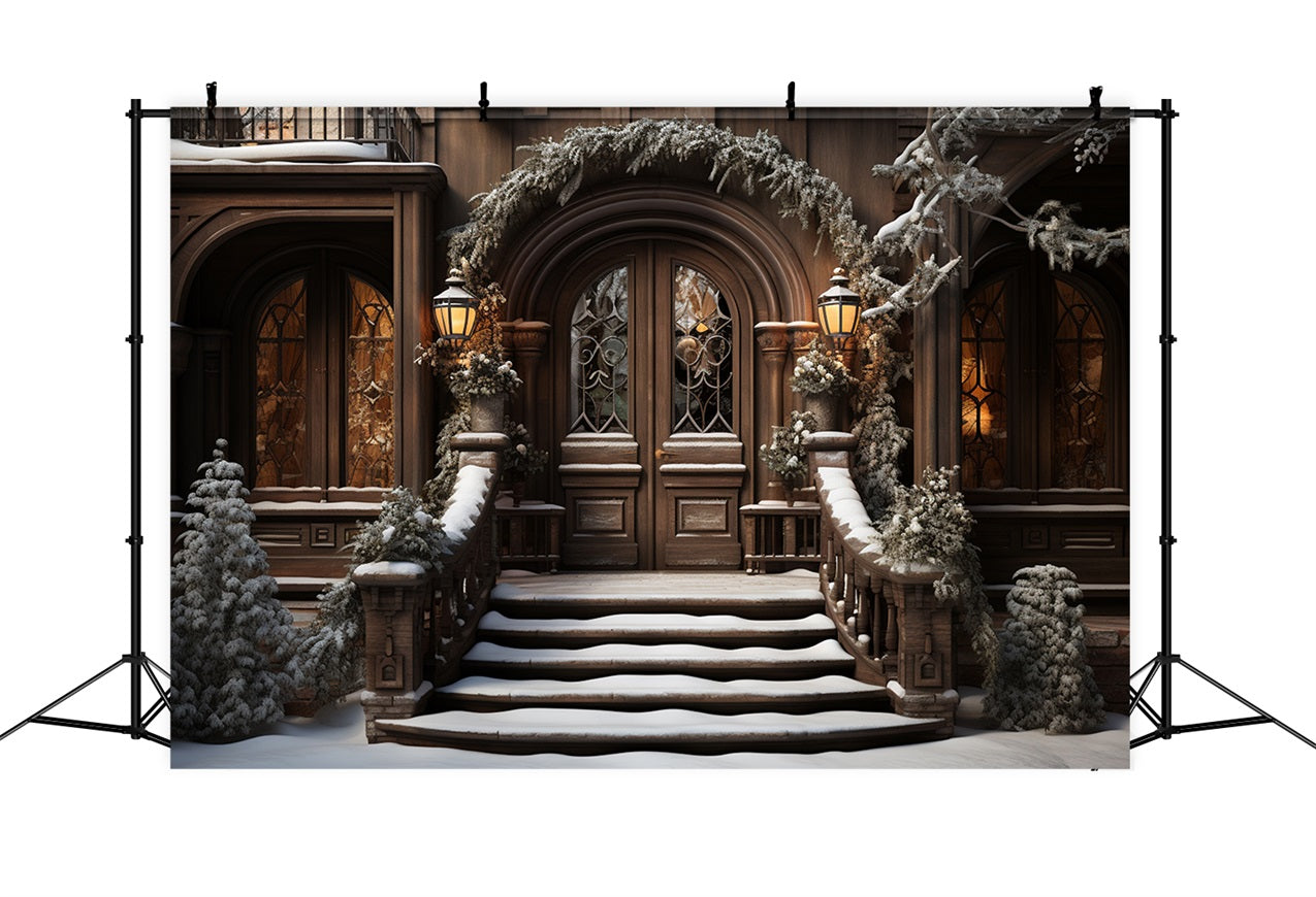 Winter Snow-Covered Steps Leading Elegant Door Backdrop BRP10-4