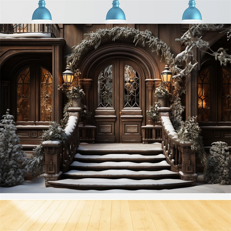 Winter Snow-Covered Steps Leading Elegant Door Backdrop BRP10-4