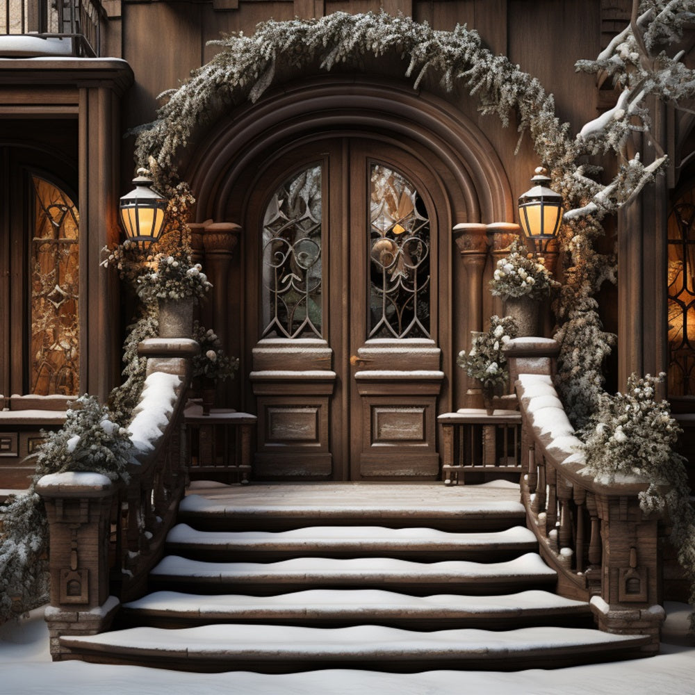 Winter Snow-Covered Steps Leading Elegant Door Backdrop BRP10-4