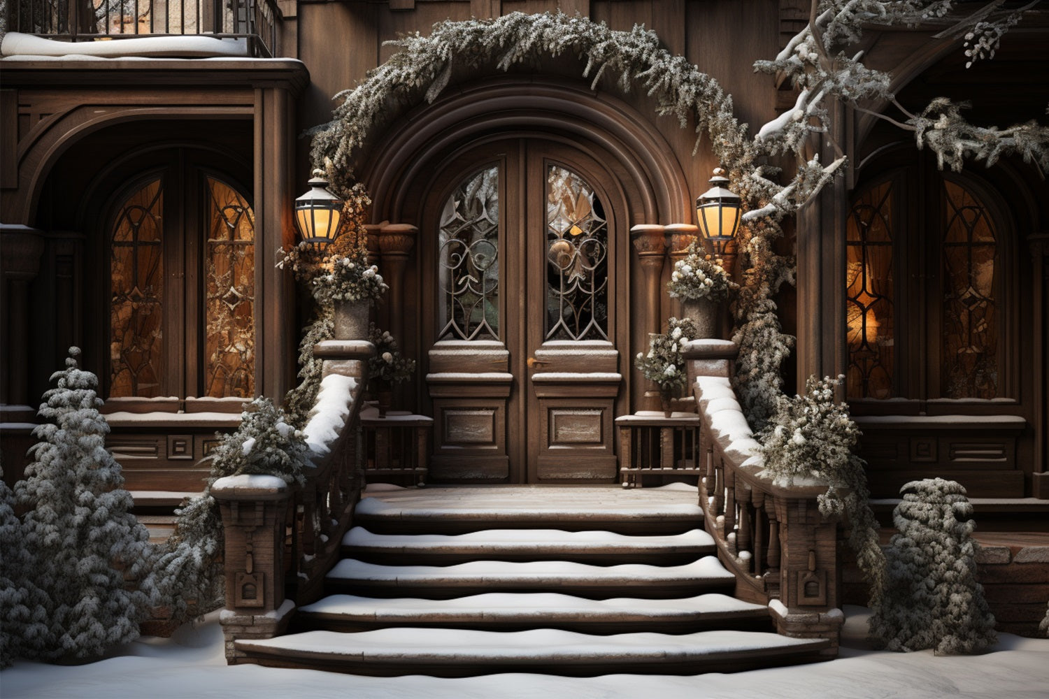 Winter Snow-Covered Steps Leading Elegant Door Backdrop BRP10-4