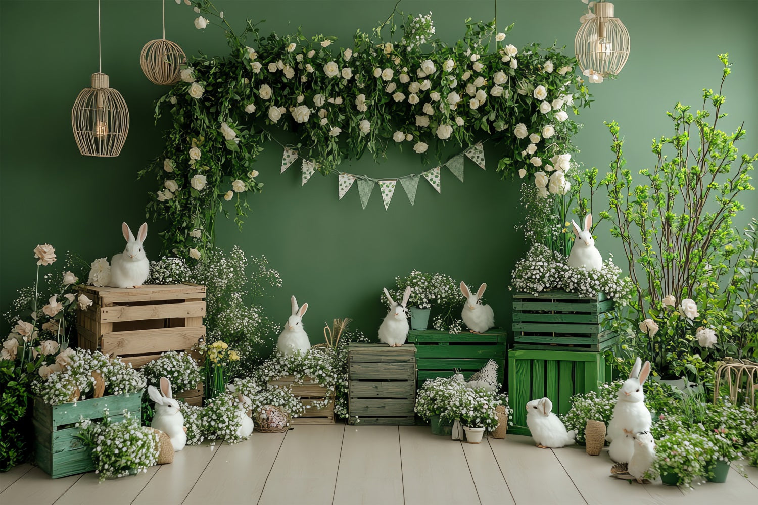 Birthday Photo Backdrops Greenery Garden Rabbits Crate Backdrop BRP10-400