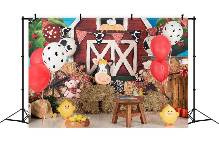 Birthday Photography Backdrops Cow Balloons Barnyard Animals Backdrop BRP10-401