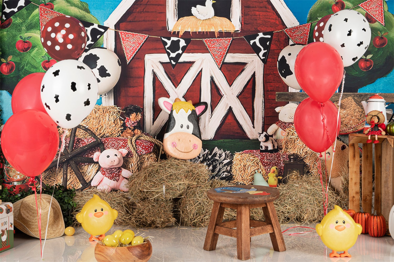 Birthday Photography Backdrops Cow Balloons Barnyard Animals Backdrop BRP10-401