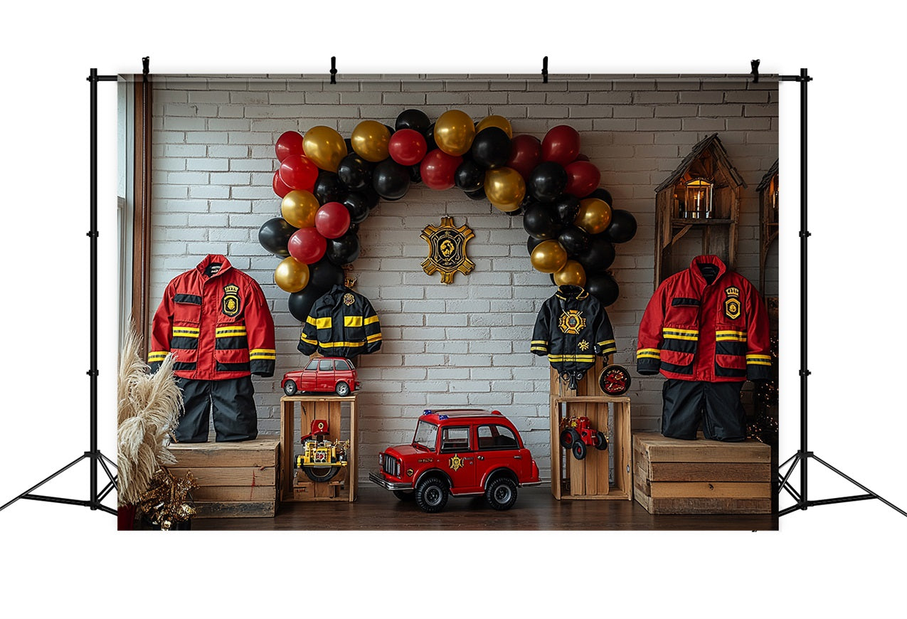 Birthday Party Background Fireman Uniforms Balloons Truck Backdrop BRP10-403