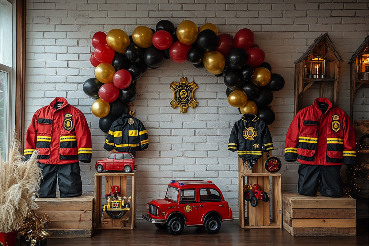 Birthday Party Background Fireman Uniforms Balloons Truck Backdrop BRP10-403