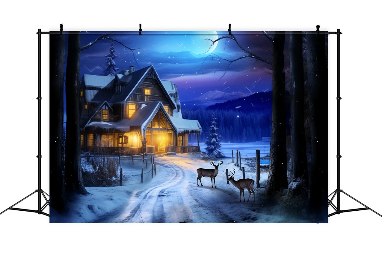 Winter Night Cabin Deer Under Moonlight Backdrop BRP10-41