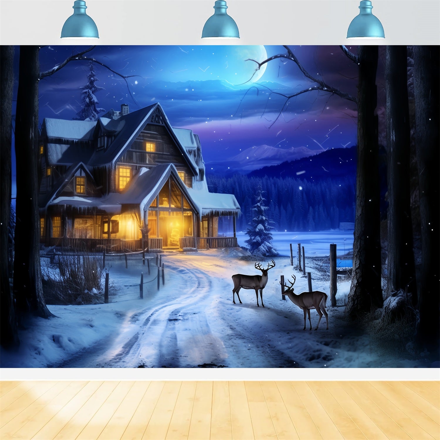 Winter Night Cabin Deer Under Moonlight Backdrop BRP10-41