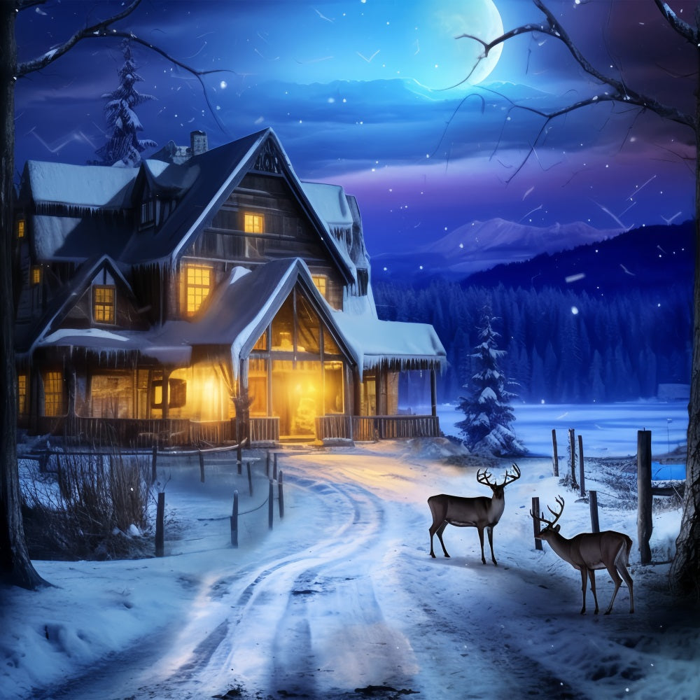 Winter Night Cabin Deer Under Moonlight Backdrop BRP10-41