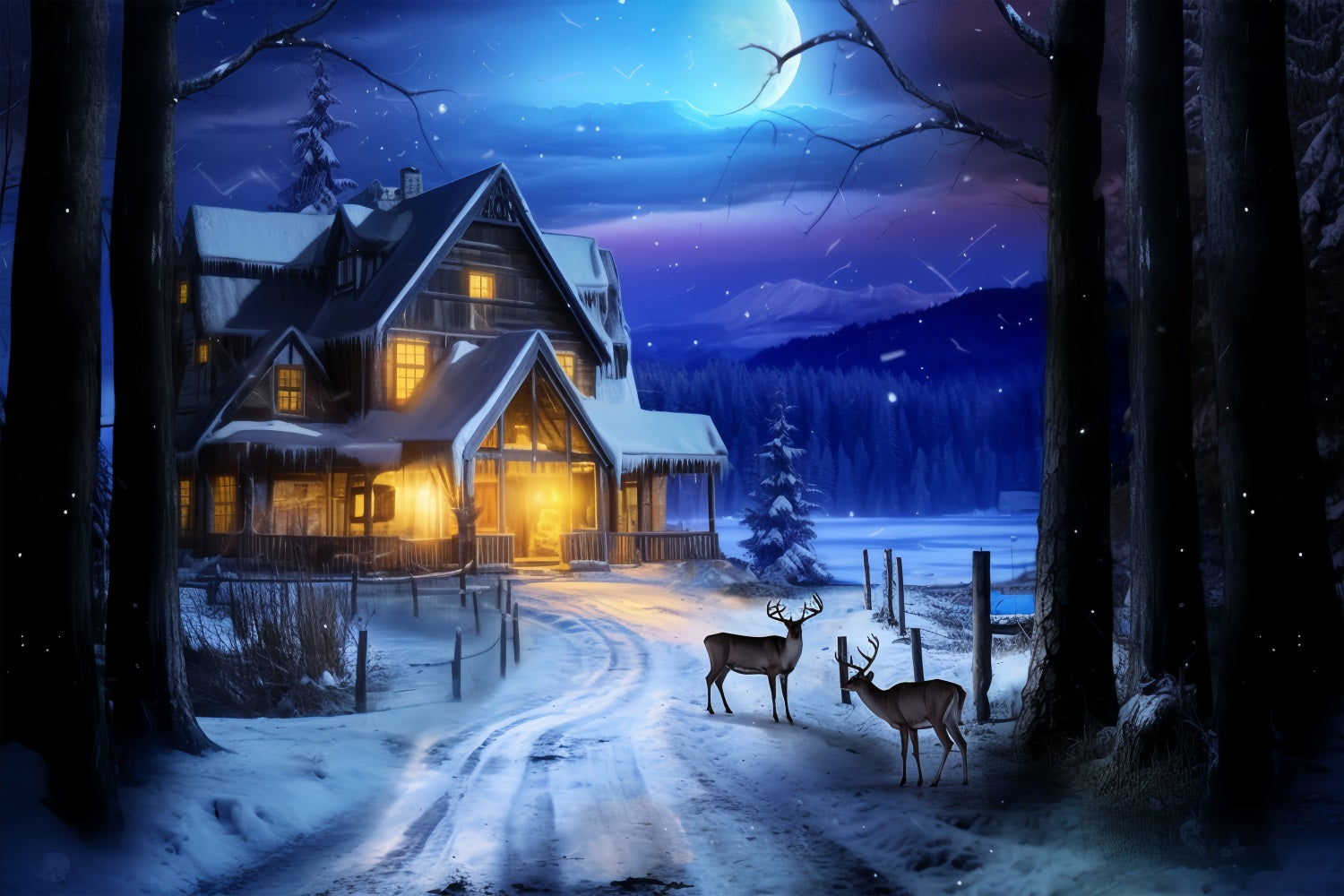 Winter Night Cabin Deer Under Moonlight Backdrop BRP10-41