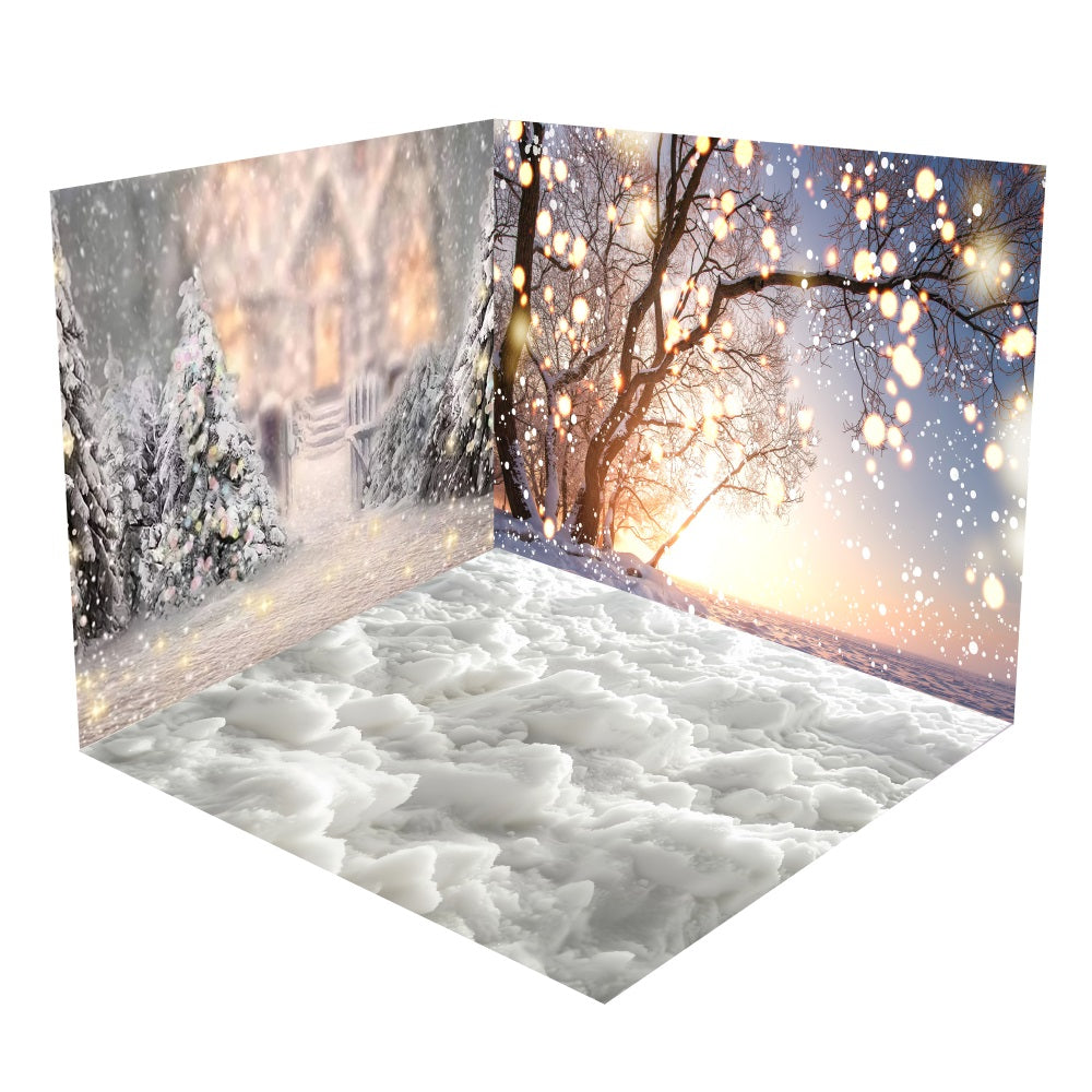 Winter Snowy Cottage Lights Backdrop Room Set BRP10-411