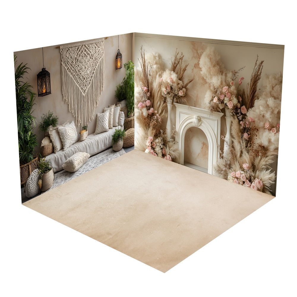 Bohemian Macramé Fireplace Floral Backdrop Room Set BRP10-423