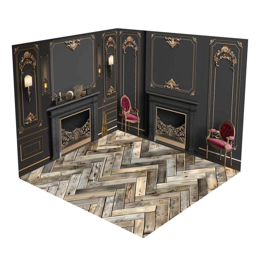 Retro Black Gold Wall Fireplace Backdrop Room Set BRP10-427