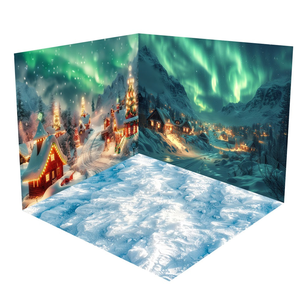 Winter Aurora Snowy Cottage Night Backdrop Room Set BRP10-436