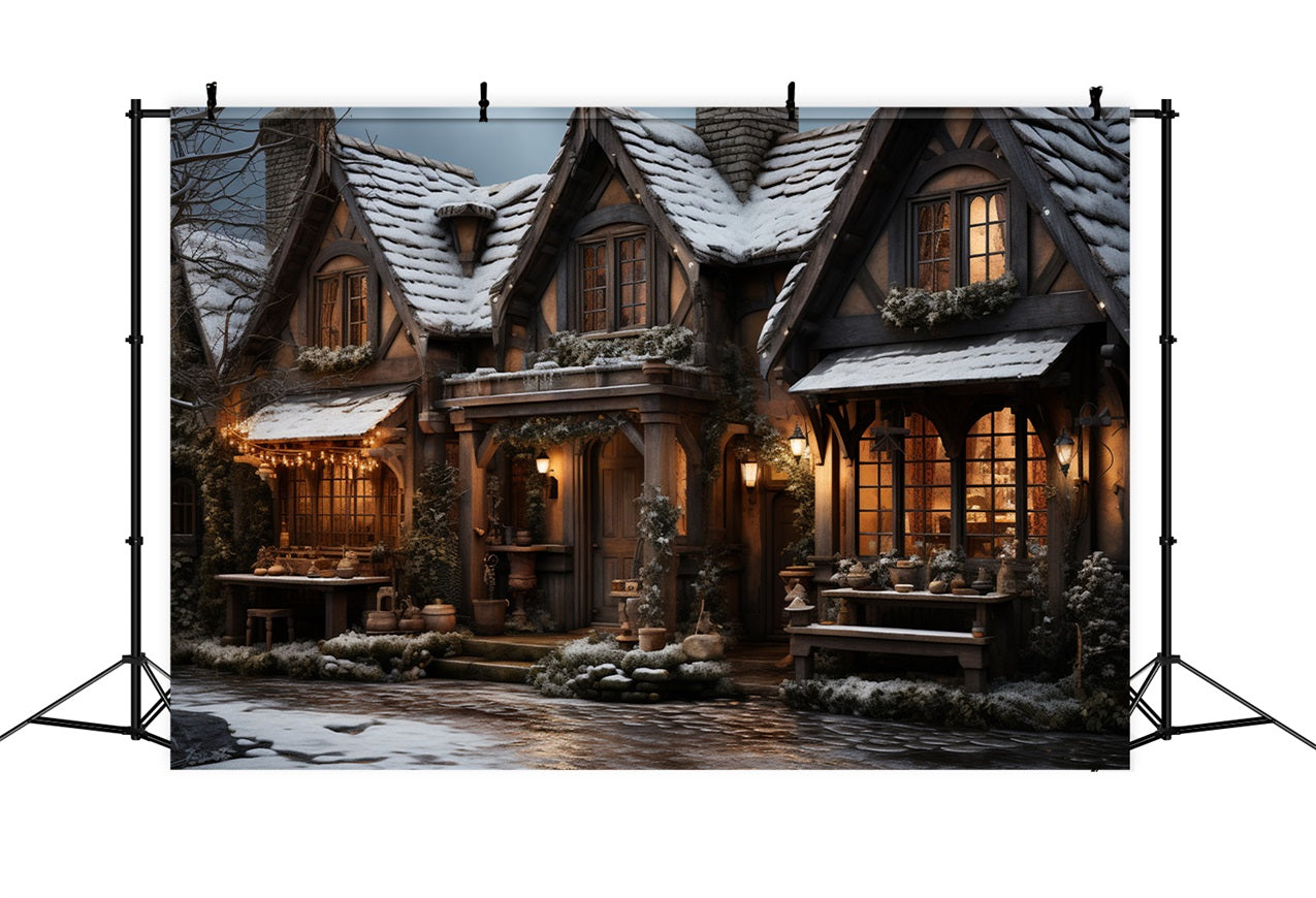 Winter Serene Night Cozy Snowy Cottage Backdrop BRP10-44