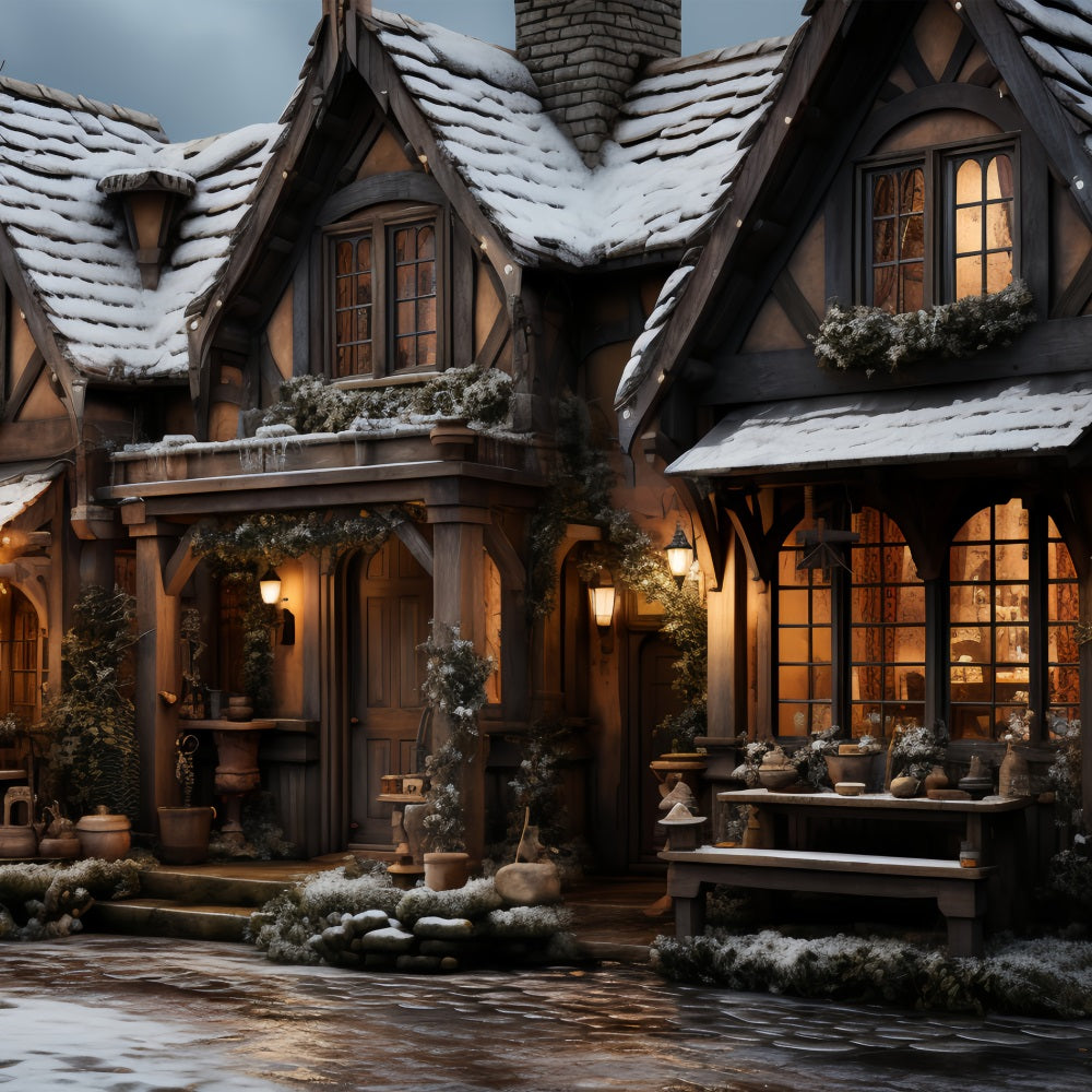 Winter Serene Night Cozy Snowy Cottage Backdrop BRP10-44