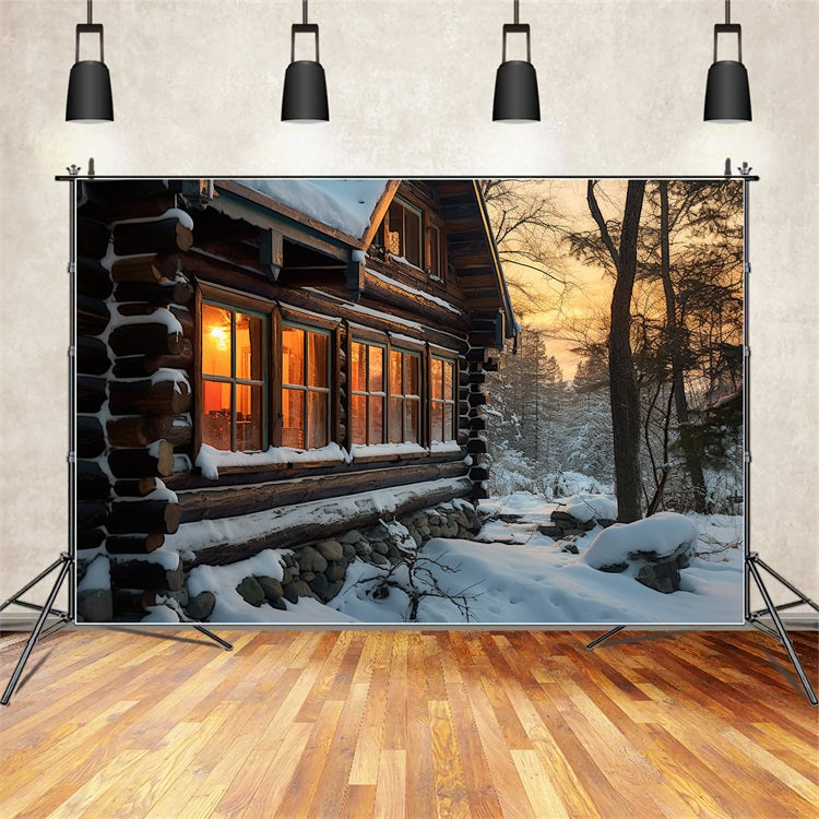 Winter Sunset Over Cozy Snowy Cabin Backdrop BRP10-45