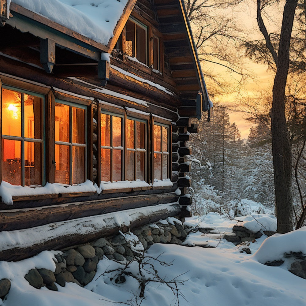 Winter Sunset Over Cozy Snowy Cabin Backdrop BRP10-45