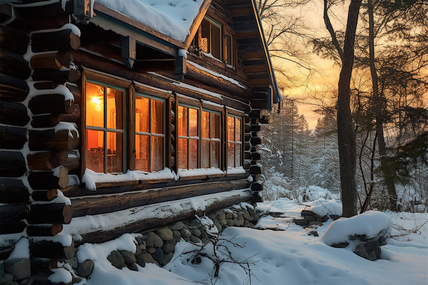 Winter Sunset Over Cozy Snowy Cabin Backdrop BRP10-45