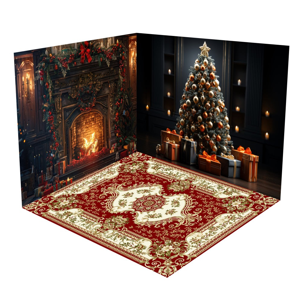 Christmas Tree Fireplace Scene Backdrop Room Set BRP10-451