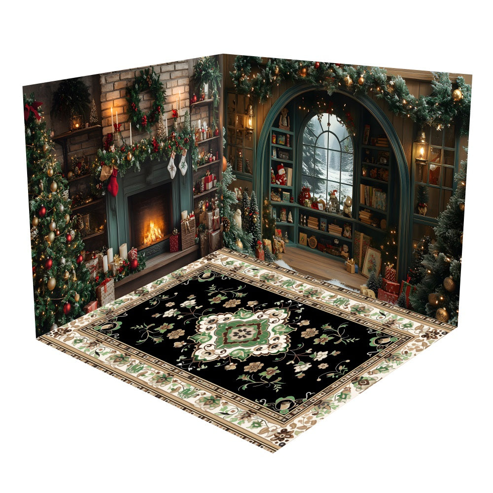 Christmas Fireplace Bookshelves Decor Backdrop Room Set BRP10-453