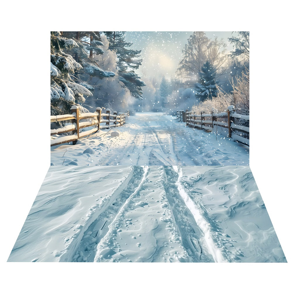 Winter Snowy Fence Trail Backdrop+Tracks Floor Backdrop BRP10-456