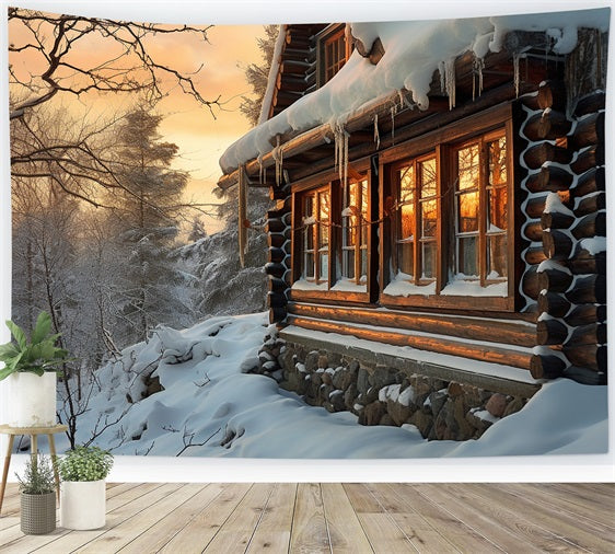 Winter Sunlit Wooden Cabin Snowy Trees Backdrop BRP10-46