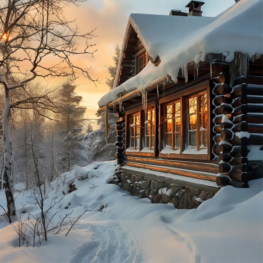 Winter Sunlit Wooden Cabin Snowy Trees Backdrop BRP10-46