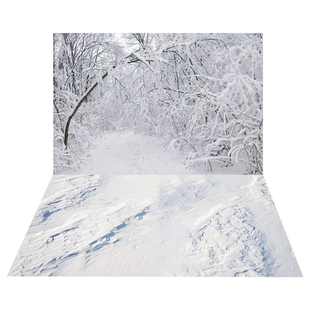 Winter Snow-Covered Forest Backdrop+Snow Imprints Floor Backdrop BRP10-461