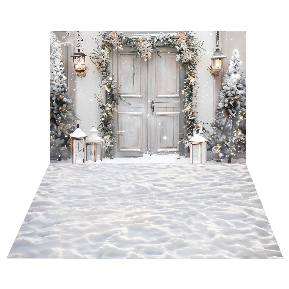 Winter Pine Decorated Door Backdrop+Snowy Walkway Floor Backdrop BRP10-469