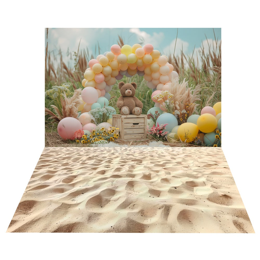 Balloon Arch Teddy Bear Backdrop+Sunny Sand Floor Backdrop BRP10-472