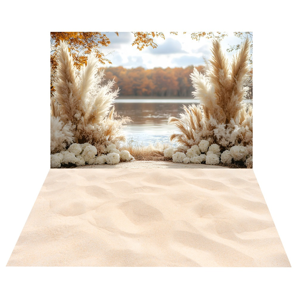 Boho Pampas Lakeside Scene Backdrop+Sand Texture Floor Backdrop BRP10-479