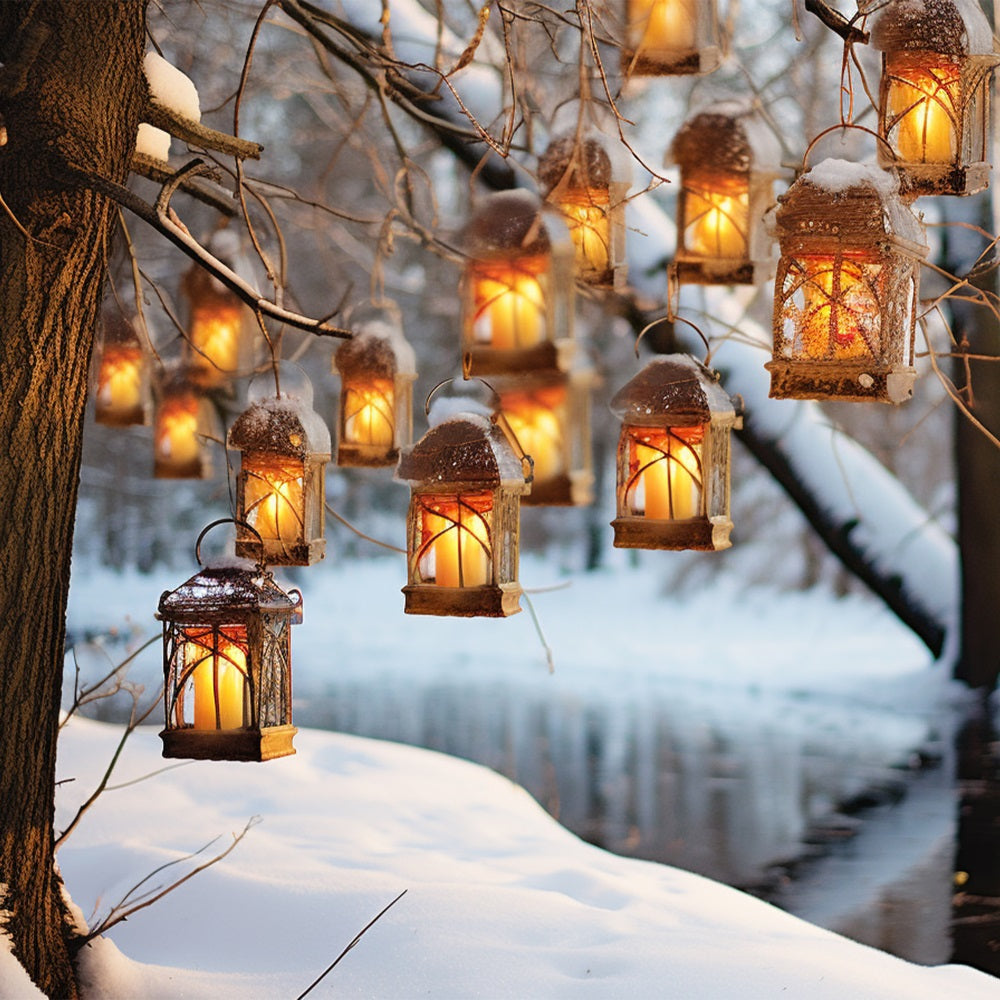 Winter Snowy Tree Hanging Lanterns Backdrop BRP10-48