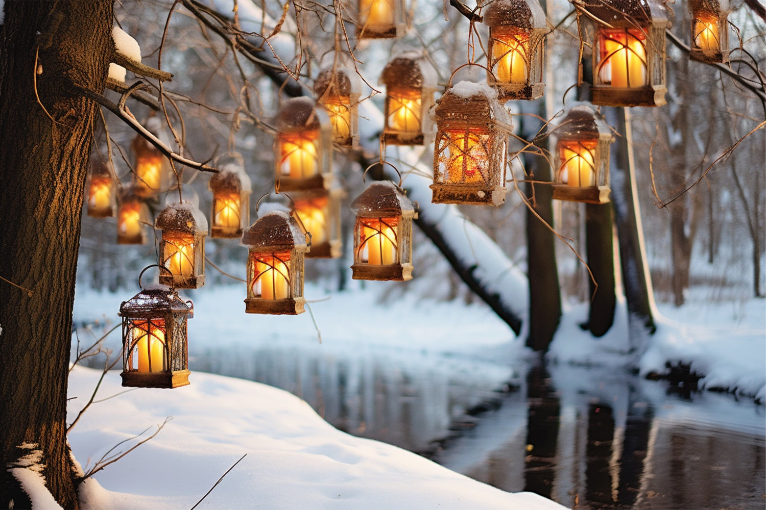 Winter Snowy Tree Hanging Lanterns Backdrop BRP10-48