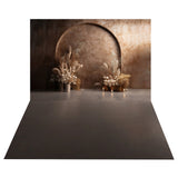 Boho Arch Floral Decor Backdrop+Rustic Dark Floor Backdrop BRP10-481