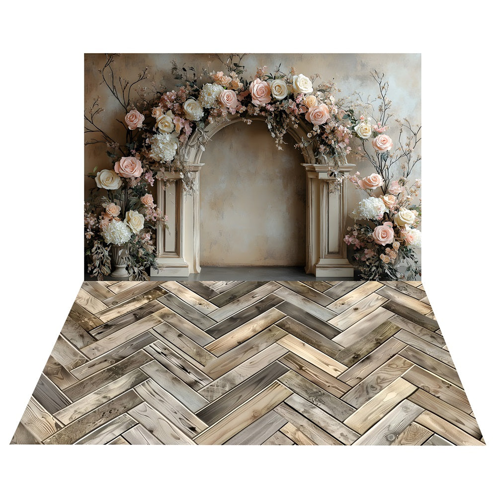 Boho French Archway Roses Backdrop+Wooden Herringbone Floor Backdrop BRP10-501