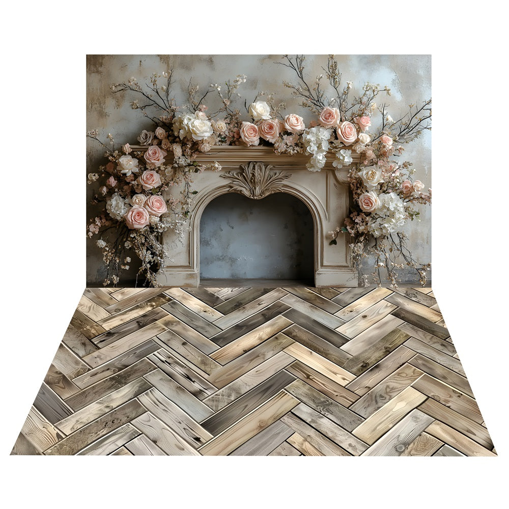 Flower Mantel Decor Backdrop+Herringbone Wood Floor Backdrop BRP10-502