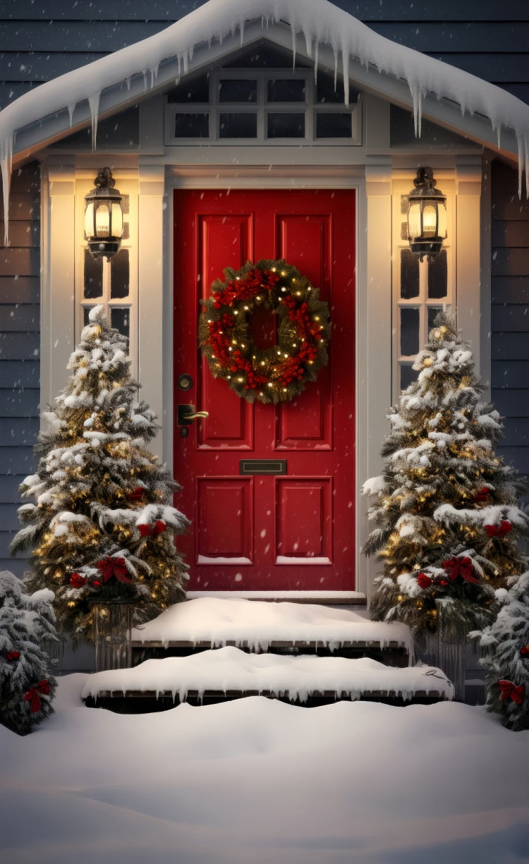 Christmas Snowy Porch Sweep Red Door Backdrop BRP10-507