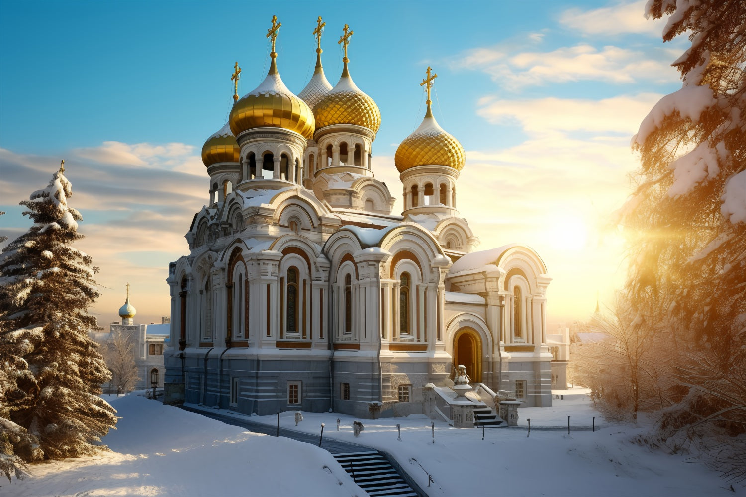 Winter Snow-Covered Cathedral Golden Domes Backdrop BRP10-51