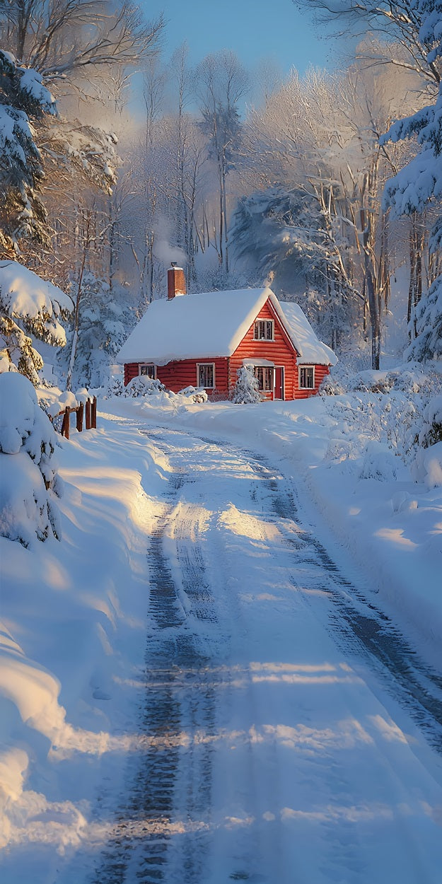 Winter Sweep Red Cottage Snowy Path Backdrop BRP10-516