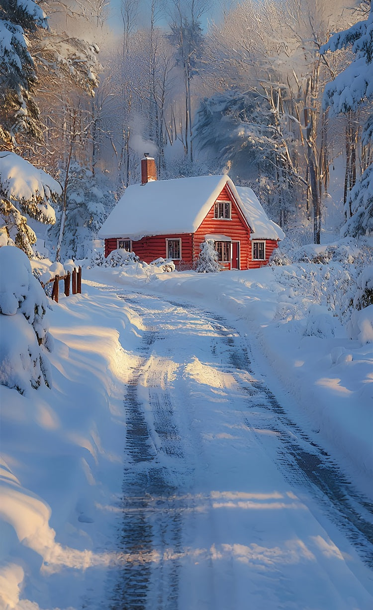 Winter Sweep Red Cottage Snowy Path Backdrop BRP10-516