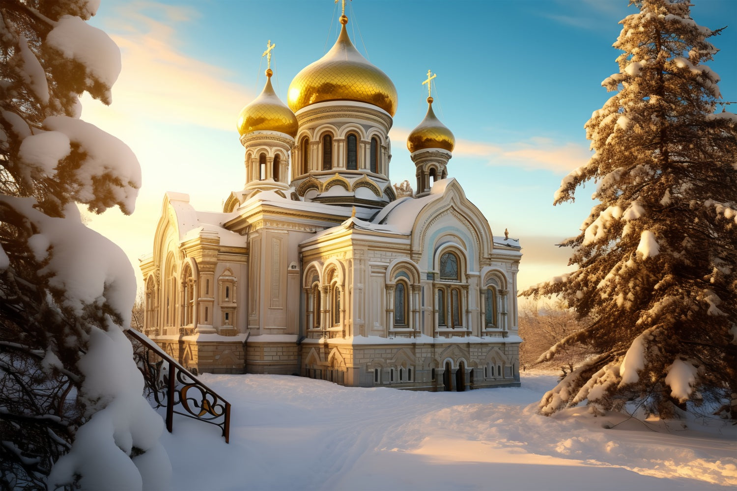 Winter Majestic Church Golden Cupolas Backdrop BRP10-52