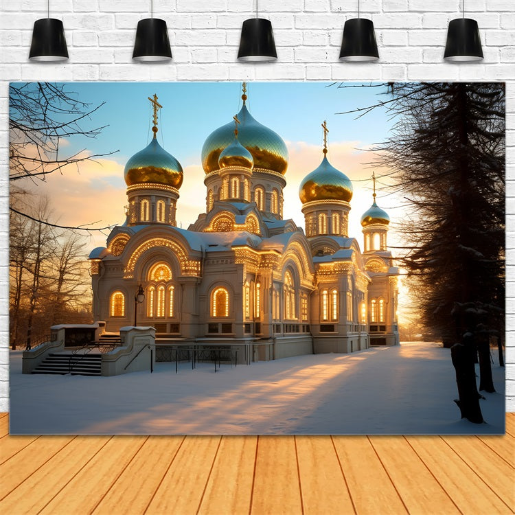 Winter Church Radiating Warm Light Snowy Backdrop BRP10-53