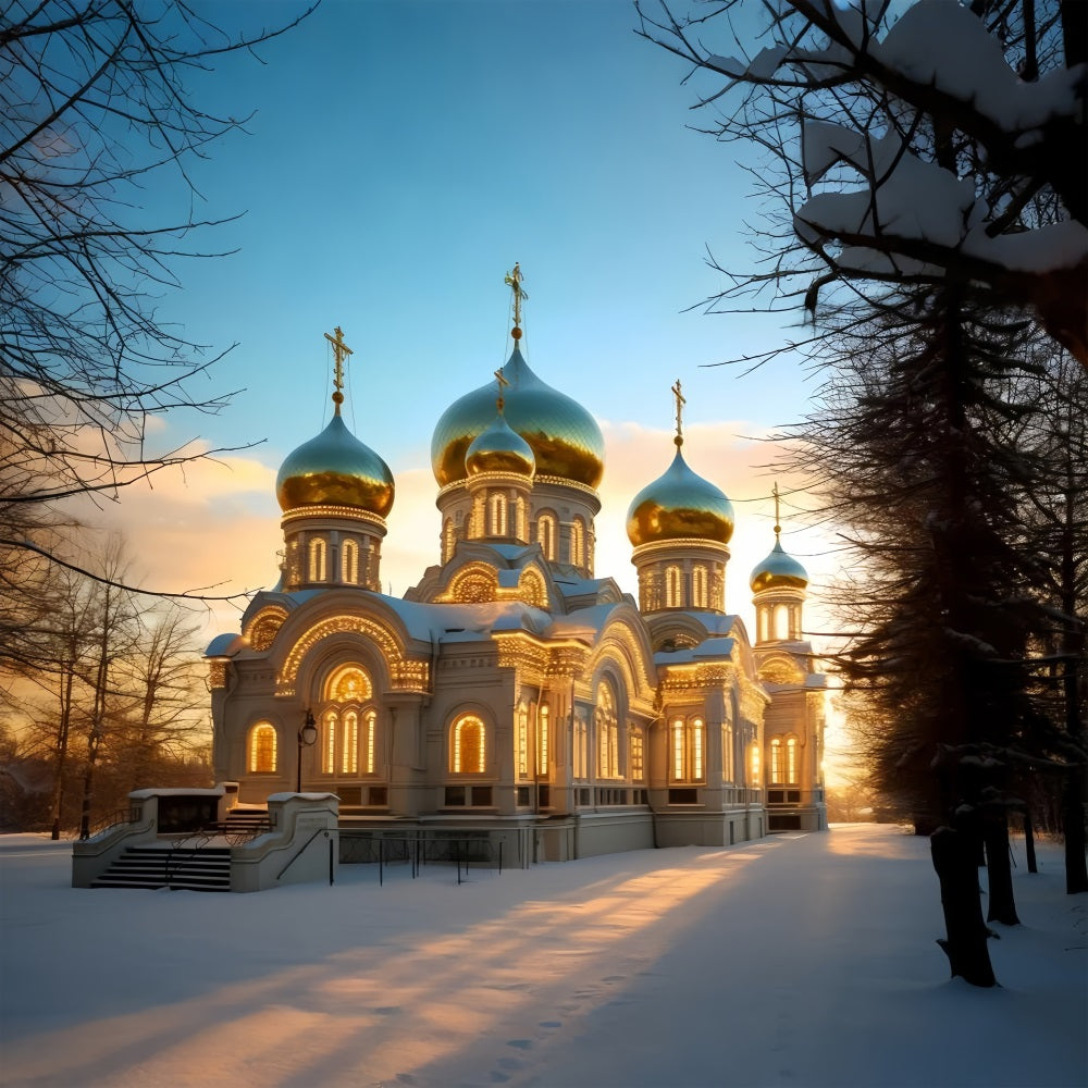 Winter Church Radiating Warm Light Snowy Backdrop BRP10-53