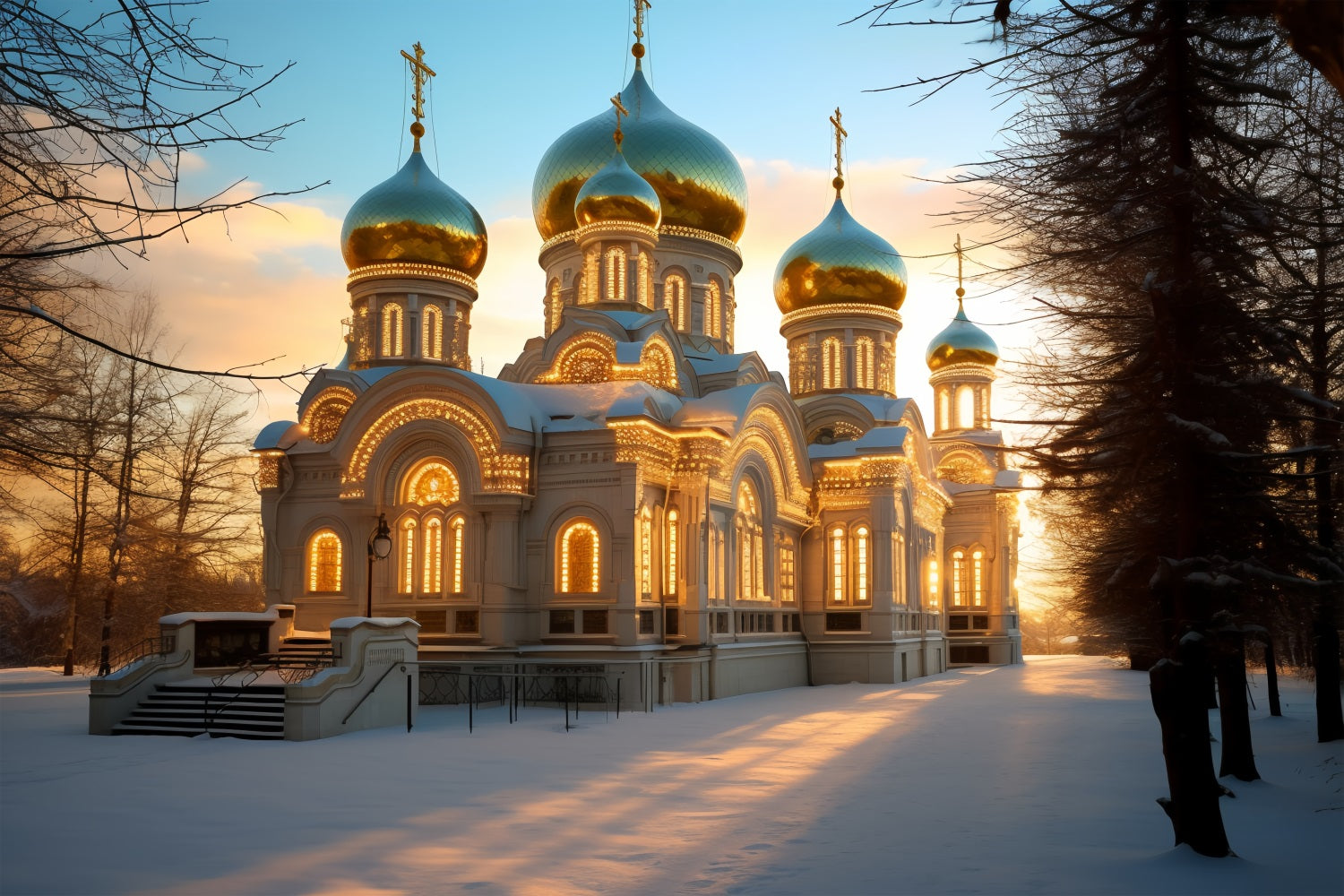 Winter Church Radiating Warm Light Snowy Backdrop BRP10-53