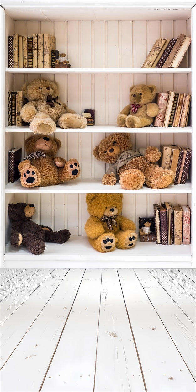 Cozy Bookshelf Bears Wooden Sweep Floor Backdrop BRP10-537