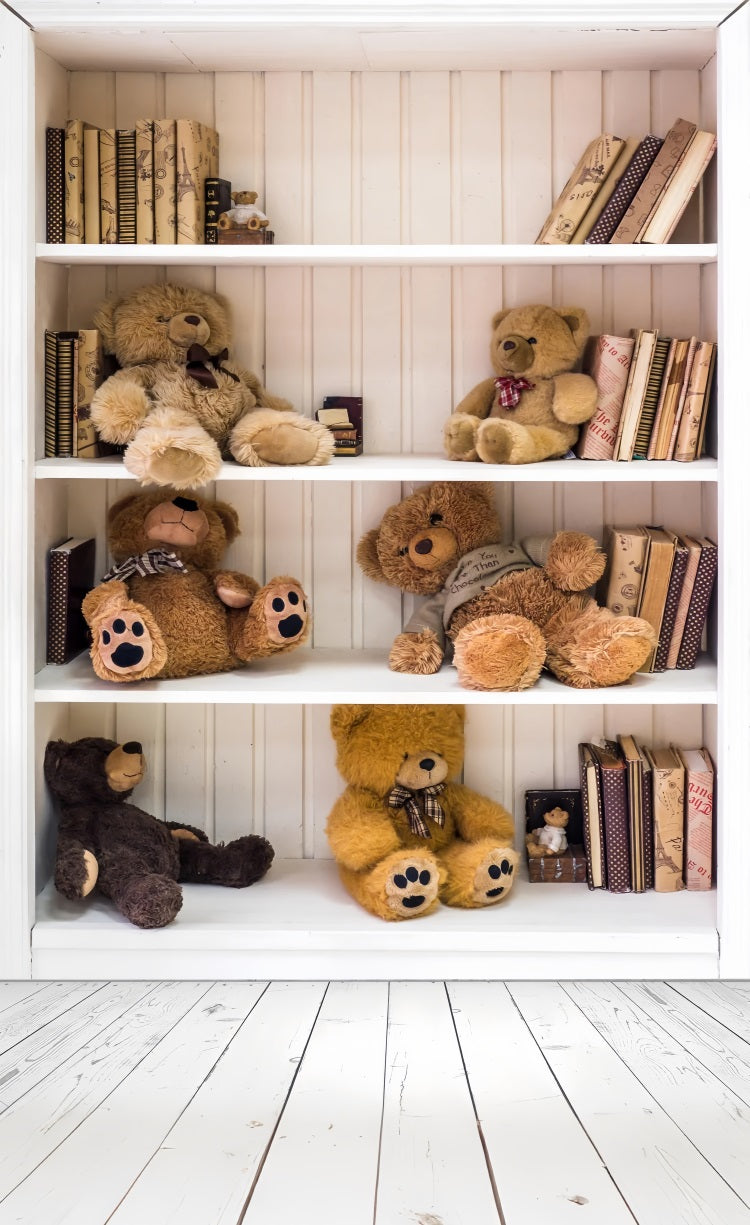 Cozy Bookshelf Bears Wooden Sweep Floor Backdrop BRP10-537