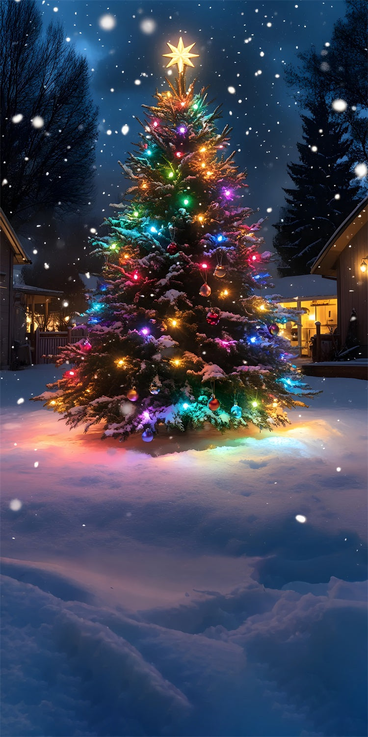 Colorful Christmas Tree Under Snowfall Sweep Backdrop BRP10-558