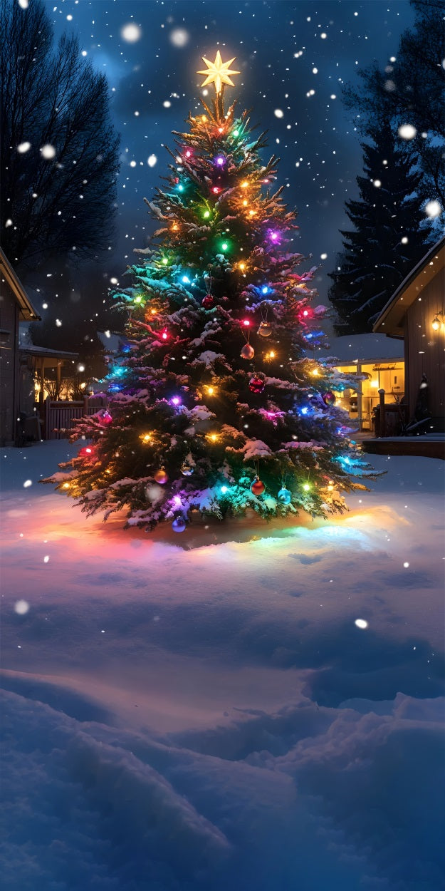 Colorful Christmas Tree Under Snowfall Sweep Backdrop BRP10-558