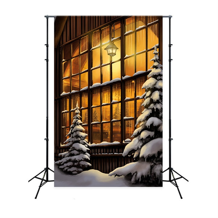 Winter Cozy Wooden House Glowing Windows Backdrop BRP10-56