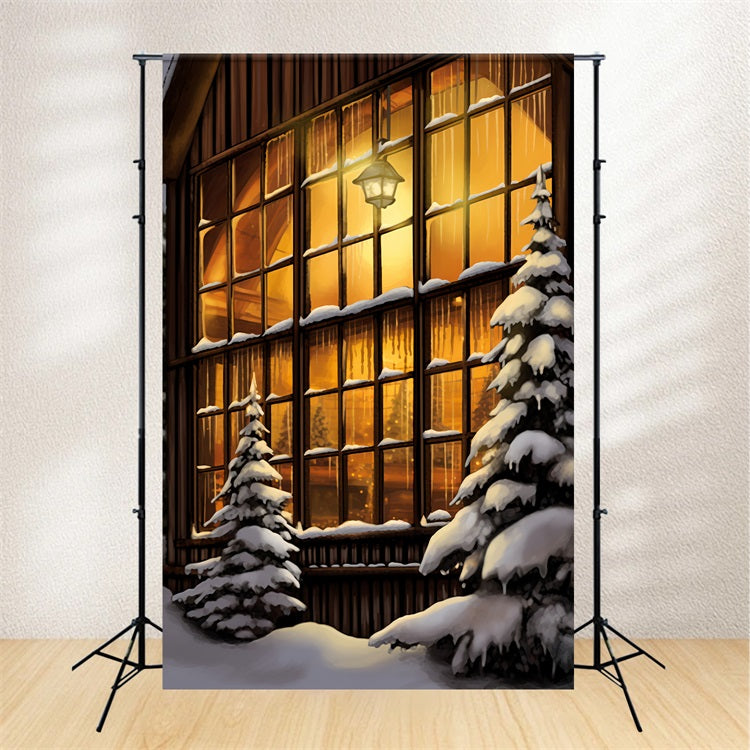 Winter Cozy Wooden House Glowing Windows Backdrop BRP10-56